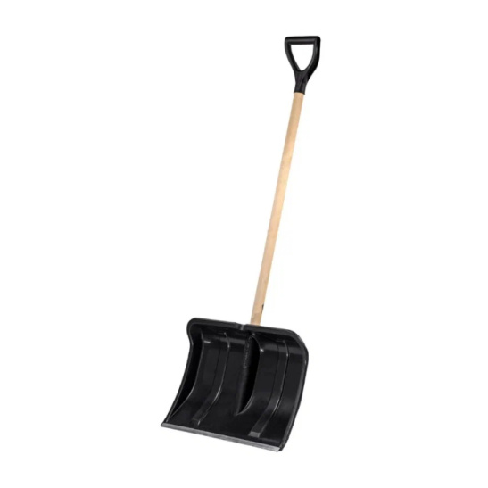 Лопата снеговая пластиковая БОГАТЫРЬ-2 480*360 мм цветная с алюм.планкой с деревянным черенком D32 и V-образной ручкой 