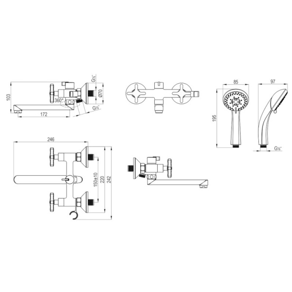 Смеситель для ванны латунный двухвентильный с коротким изливом, RS39-85, Rossinka