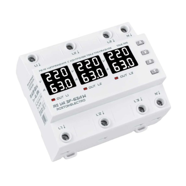 Реле напряжения VA3F-63А W RE с контролем тока с белой индикацией