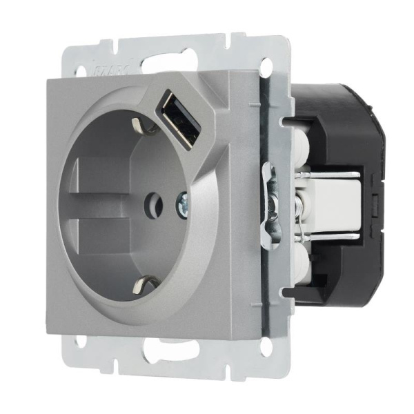 Розетка VESNA 742-3588-181 1-ая з/к+USB-разъем (без рамки) платина с/у LEZARD