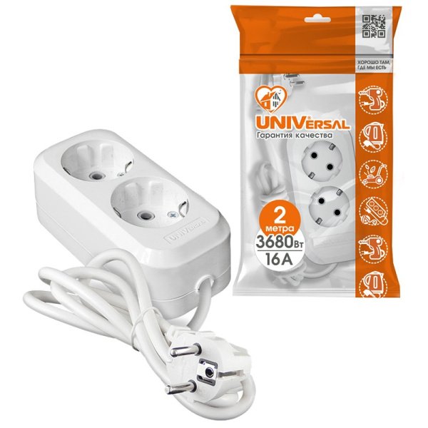 Удлинитель бытовой Универсал Е-302 (9631972) 2 места 2м З/К 16А белый ПВС 3*1мм