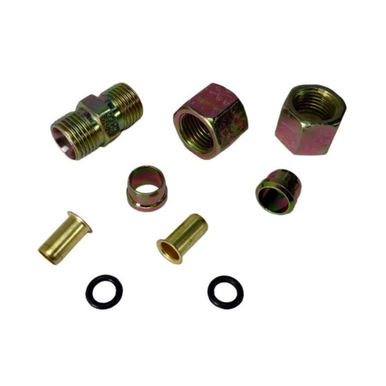 РЕМКОМПЛЕКТ полный 2-х сторонний (фурнитура/штуцер М14*1,5) ТОРМОЗНЫХ ТРУБОК полиамид D=8мм (гайка 2 шт.+муфта 2шт.+нипель 2 шт.+кольцо 2 шт.+ соединительная трубка) 9 наименований