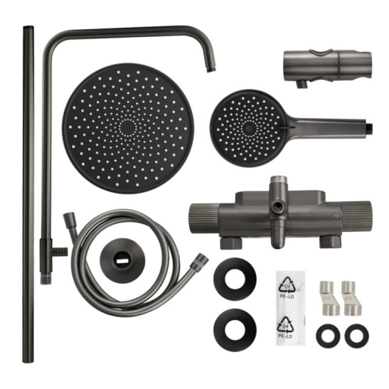 Стойка душевая тропический душ, с двумя лейками, с термостатом, графит, 3107-G, GFmark, Санакс