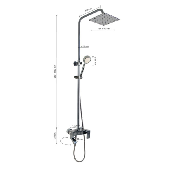 Стойка душевая тропический душ, с двумя лейками, титан, 88705, BRIMIX, Санакс