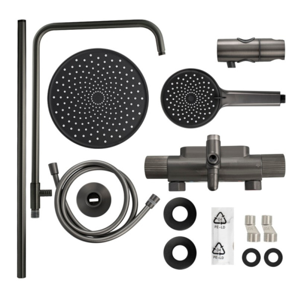 Стойка душевая тропический душ, с двумя лейками, с термостатом, графит, 3107-G, GFmark, Санакс