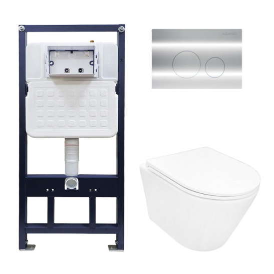 Сет AZARIO NEW-TS 1 инсталляция + Azario VELA смыв Торнадо подвесной безободковый унитаз с быстросъемным сиденьем микролифт + кнопка AZARIO NEW-TS мех., дв. смыв, круглые кнопки, нерж. сталь 304, хром (AZ-TS006T+AZ-2480+AZ-SS-002-CH)