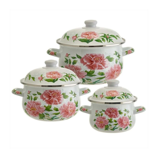 Набор эмалированных кастрюль MetaLLoni EM-1640 "Пионы" (1,5 л, 2,8 л, 3,6 л)