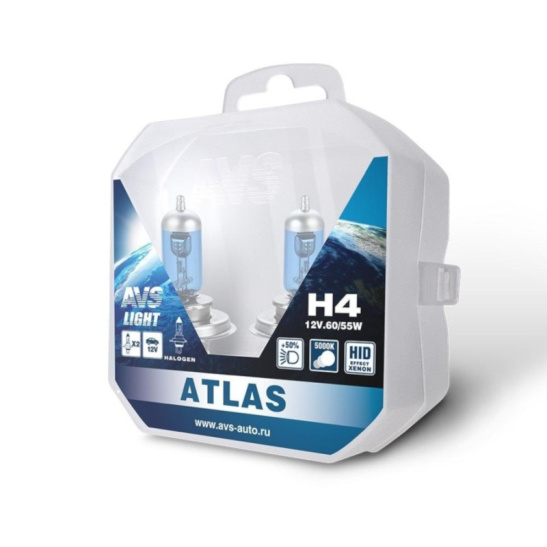 Автолампа Н4, 2 шт. (12 В, 55Вт) +50% яркости, белый 5000К  "ATLAS XENON EFFECT" ("AVS") галоген, фарная (A78908S)