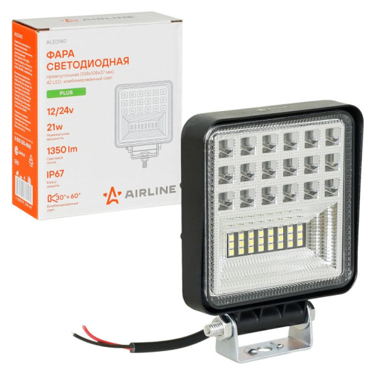Фара светодиодная (12/24В.) ("ALED140") квадратная, КОМБИНИРОВАННЫЙ СВЕТ (направленный 30° + рассеянный 60°), пылевлагозащита IP67, алюмин. корпус, OFF-Road ("AIRLINE")
