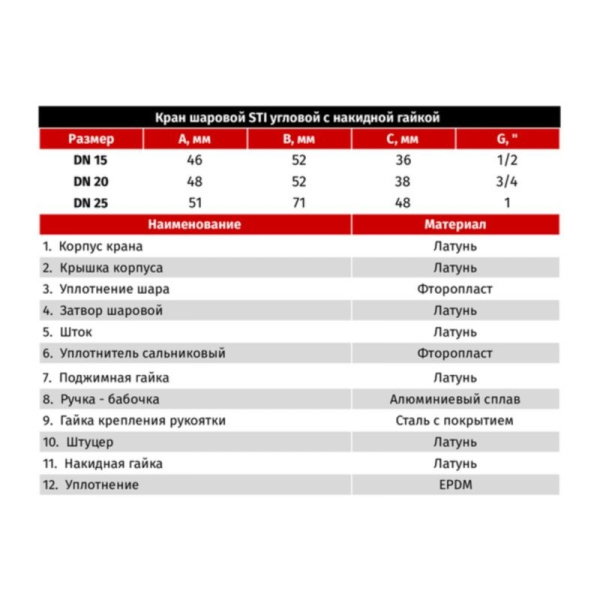 Кран шаровый STI для котлов угловой бабочка с накидной гайкой вн/вн Ду-20 Ру-42 