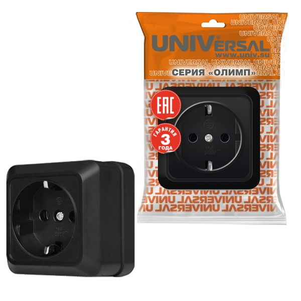 Розетка "ОЛИМП" (2227) 1-ая з/к черная УНИВЕРСАЛ 
