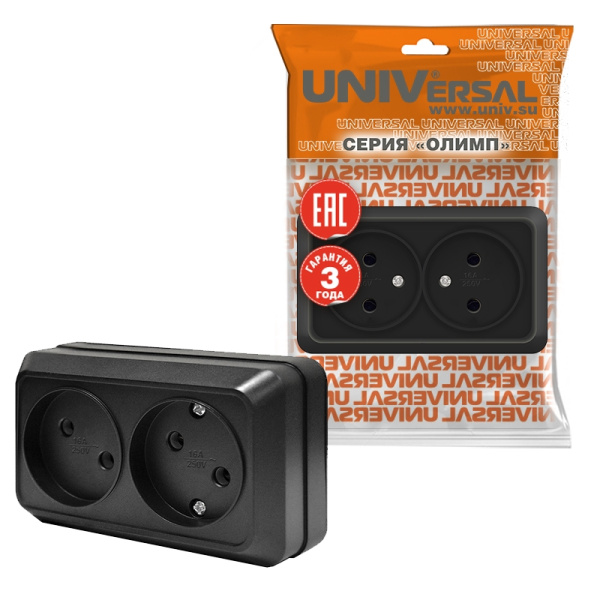 Розетка "ОЛИМП" (2215) 2-ая черная УНИВЕРСАЛ 