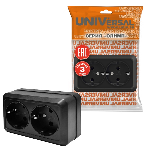 Розетка "ОЛИМП" (2216) 2-ая з/к черная УНИВЕРСАЛ 