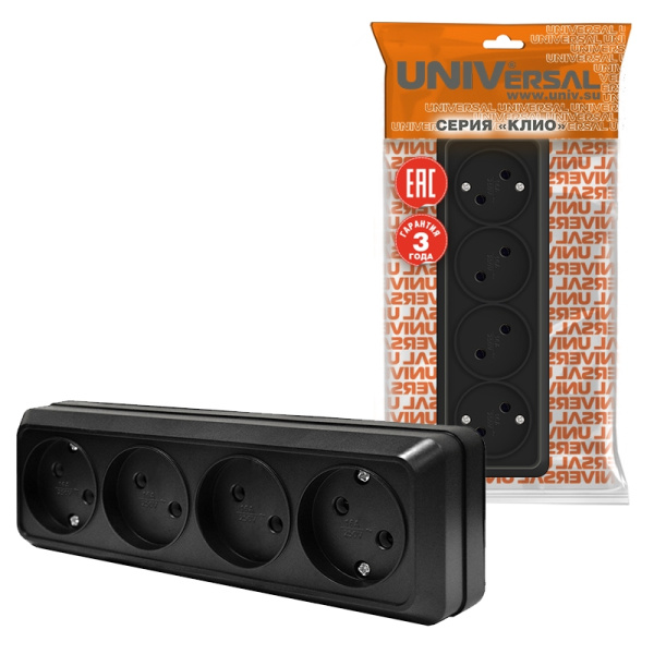 Розетка "ОЛИМП" (2219) 4-ая черная УНИВЕРСАЛ 