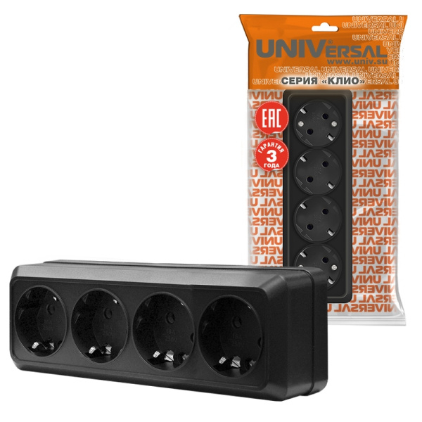 Розетка "ОЛИМП" (2221) 4-ая з/к черная УНИВЕРСАЛ 