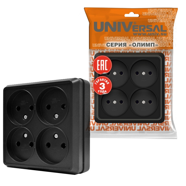 Розетка "ОЛИМП" (2220) 4-ая квадратная черная УНИВЕРСАЛ 