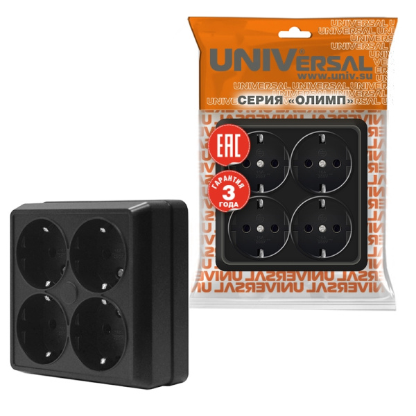 Розетка "ОЛИМП" (2222) 4-ая квадратная з/к черная УНИВЕРСАЛ 
