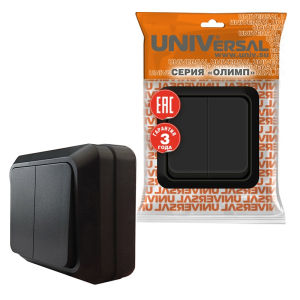 Выключатель "ОЛИМП" (2213) 2КЛ черный УНИВЕРСАЛ 