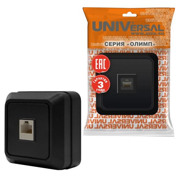 Розетка "ОЛИМП" (2226) 1-ая компьютерная RJ45 черная УНИВЕРСАЛ 