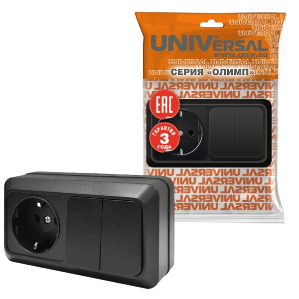 Блок "ОЛИМП" (7946810) (Выкл 2КЛ и розетка 1-ая з/к) черный УНИВЕРСАЛ 
