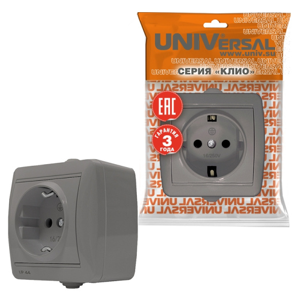 Розетка "КЛИО" (K2228-Gr) 1-ая з/к серая УНИВЕРСАЛ