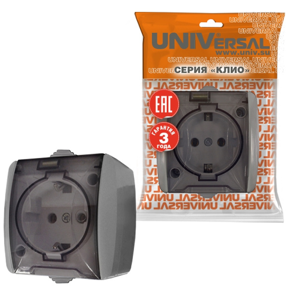 Розетка "КЛИО" (K2229-Gr) 1-ая з/к серая с прозрачной крышкой УНИВЕРСАЛ