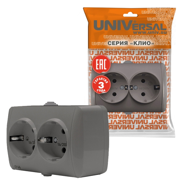 Розетка "КЛИО" (K2231-Gr) 2-ая з/к серая УНИВЕРСАЛ 