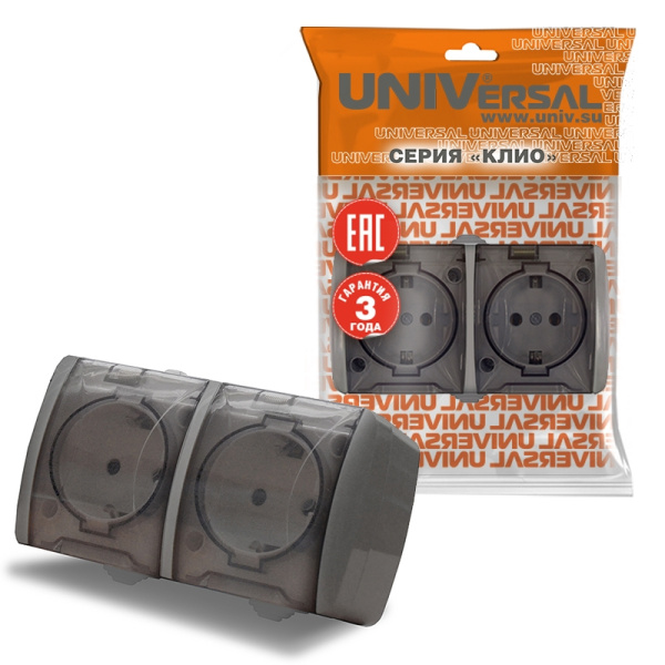 Розетка "КЛИО" (K2232-Gr) 2-ая з/к серая с прозрачной крышкой УНИВЕРСАЛ