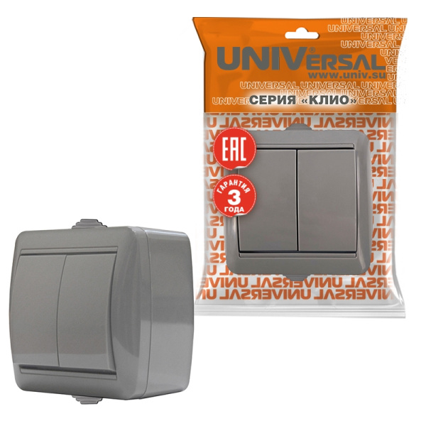 Выключатель "КЛИО" (K2223-Gr) 2КЛ серый УНИВЕРСАЛ 