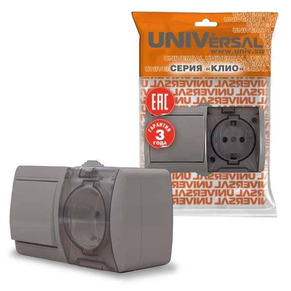 Блок "КЛИО" (K2237-Gr) (Выкл 1КЛ и 1-ая розетка с прозрачной крышкой з/к ) серый IP54 УНИВЕРСАЛ