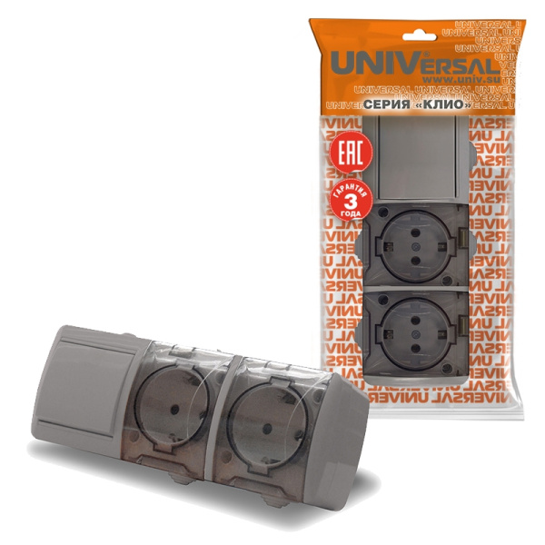 Блок "КЛИО" (K2238-Gr) (Выкл 1КЛ и 2-ая розетка с прозрачной крышкой з/к ) серый IP54 УНИВЕРСАЛ