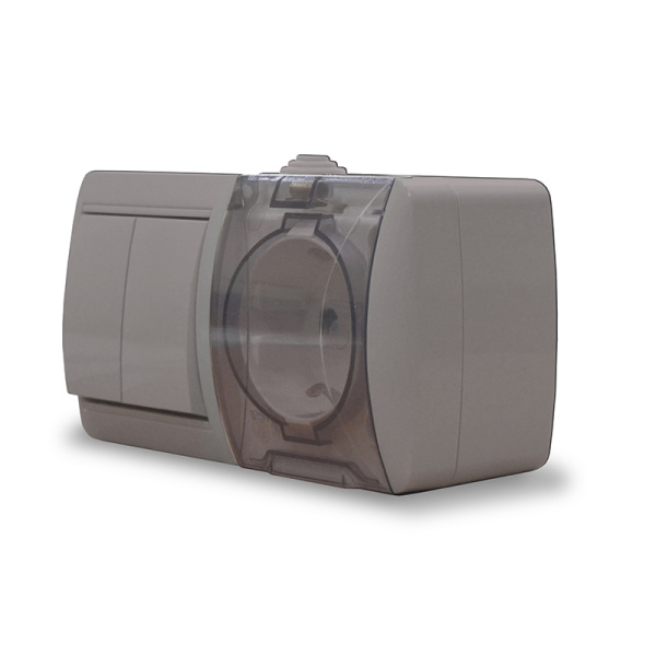 Блок "КЛИО" (K2239-Gr) (Выкл 2КЛ и 1-ая розетка с прозрачной крышкой з/к ) серый IP54 УНИВЕРСАЛ