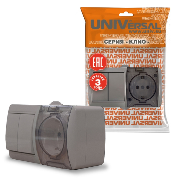 Блок "КЛИО" (K2239-Gr) (Выкл 2КЛ и 1-ая розетка с прозрачной крышкой з/к ) серый IP54 УНИВЕРСАЛ