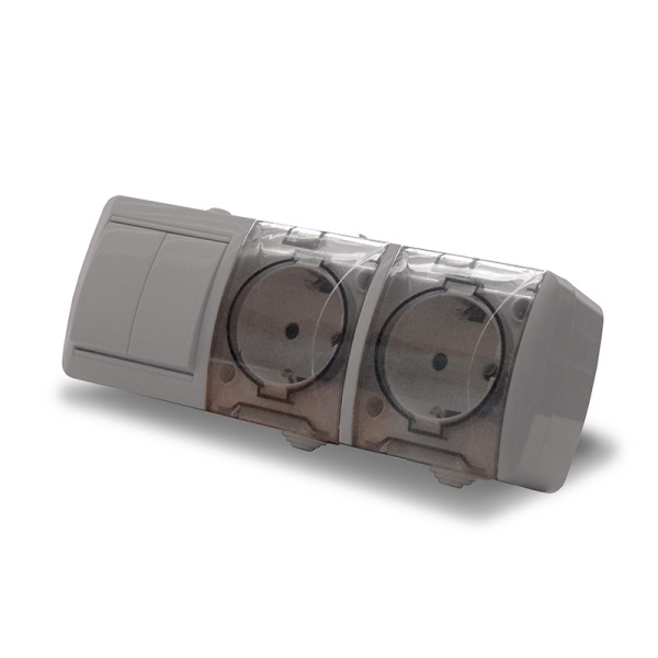 Блок "КЛИО" (K2240-Gr) (Выкл 2КЛ и 2-ая розетка с прозрачной крышкой з/к ) серый IP54 УНИВЕРСАЛ