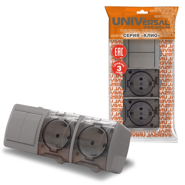 Блок "КЛИО" (K2240-Gr) (Выкл 2КЛ и 2-ая розетка с прозрачной крышкой з/к ) серый IP54 УНИВЕРСАЛ