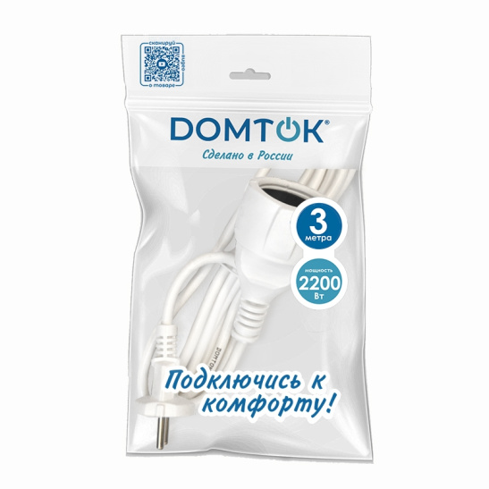 Удлинитель-шнур DOMTOK (2336) 1 место 3м белый 10А 2200Вт IP54 ПВС 2*1 