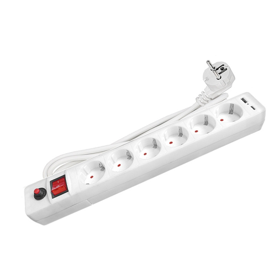 Сетевой фильтр UNIVersal (2543) 6 мест 1,8м З/К выкл.+USB белый ПВС 3*0,75