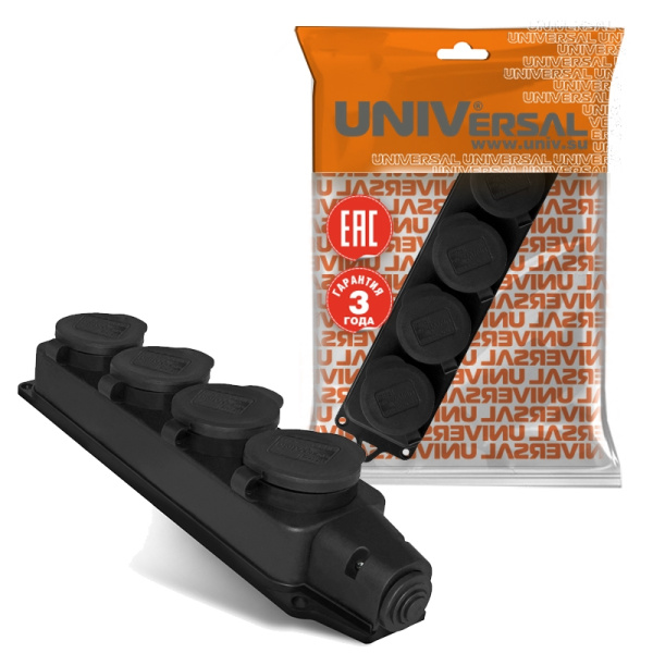 Колодка 4-местная с заглушками UNIVersal (1029) з/к каучук 16А 250В IP44 