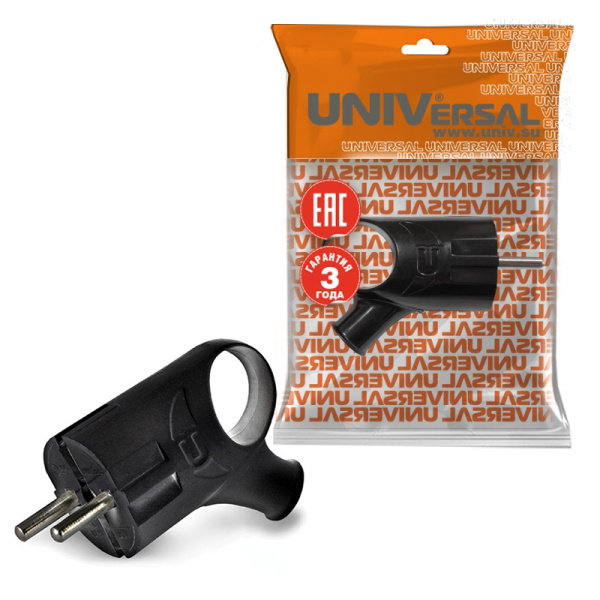 Вилка UNIVersal (А0112) угловая З/К черная с ушком 16А 