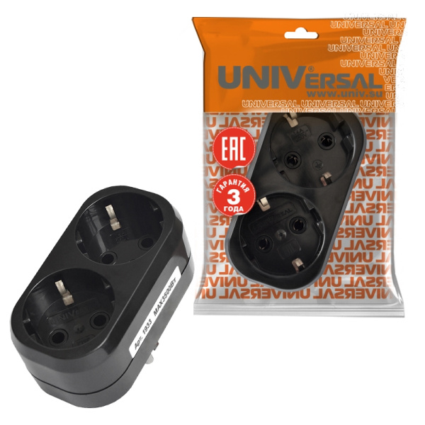 Разветвитель UNIVersal (1933) 2 места З/К плоский черный 16А 250В