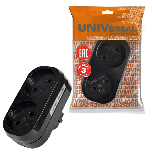 Разветвитель UNIVersal (1932) 2 места плоский черный 10А 250В 