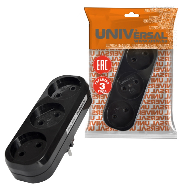 Разветвитель UNIVersal (1934) 3 места плоский черный 10А 250В 