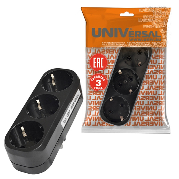 Разветвитель UNIVersal (1942) 3 места З/К плоский черный 16А 250В