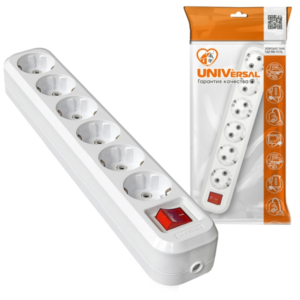 Колодка UNIVersal (S-306) 6 мест З/К выкл. белая