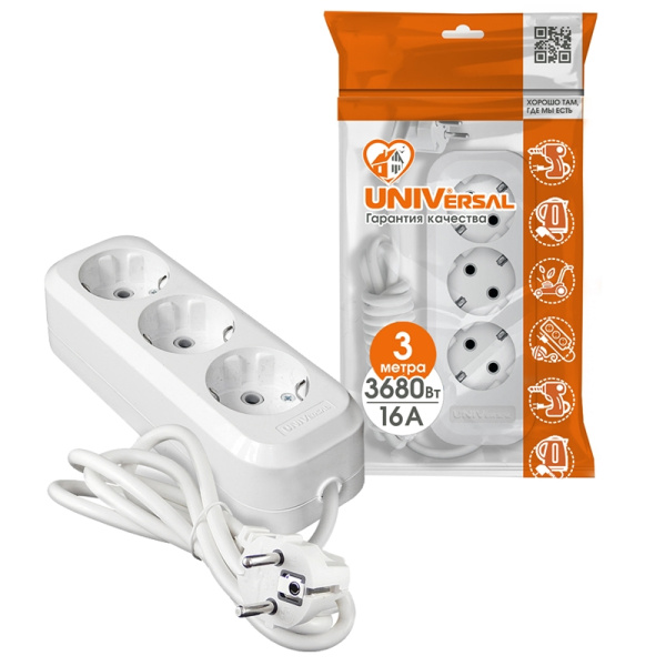 Удлинитель бытовой UNIVersal E-303А (1722) 3 места 3м З/К 3680Вт 16А белый ПВС 3*1,5мм