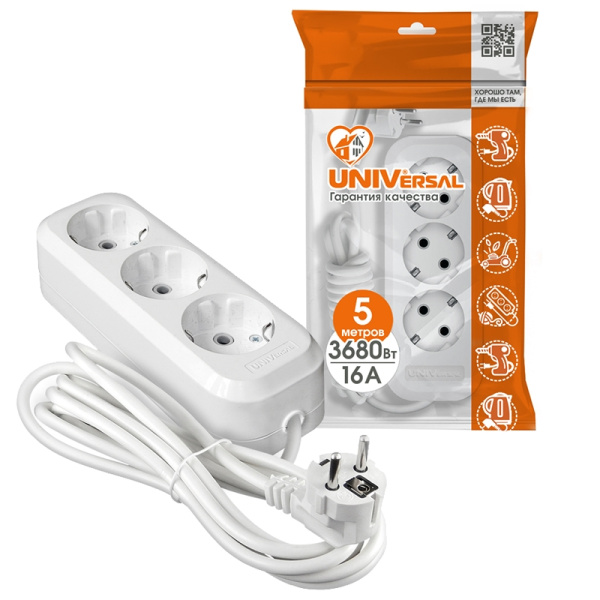 Удлинитель бытовой UNIVersal E-303А (1723) 3 места 5м З/К 3680Вт 16А белый ПВС 3*1,5мм