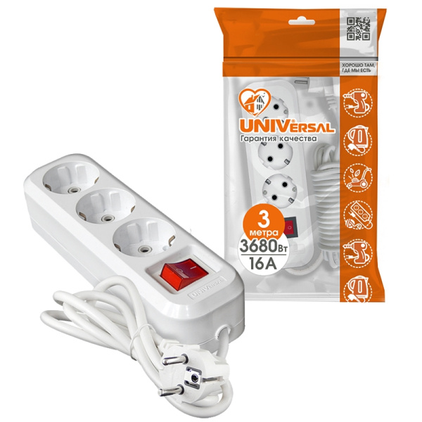Удлинитель бытовой UNIVersal S-303А (1726) 3 места 3м З/К выкл. 3680Вт 16А белый ПВС 3*1,5мм