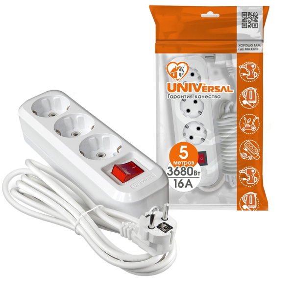 Удлинитель бытовой UNIVersal S-303А (1727) 3 места 5м З/К выкл. 3680Вт 16А белый ПВС 3*1,5мм