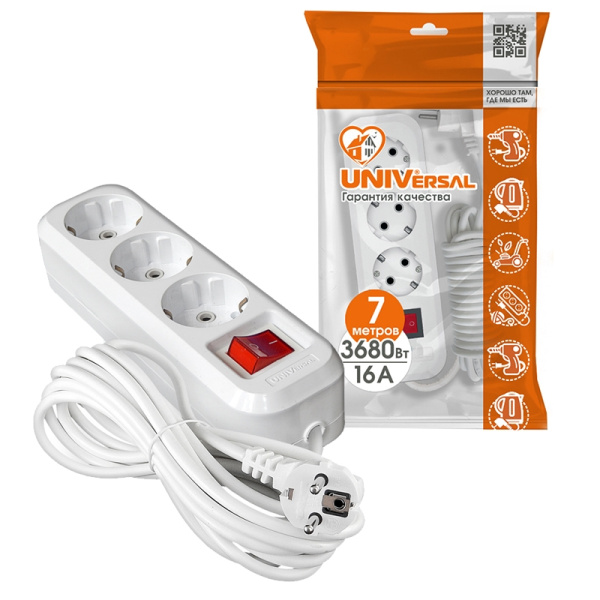 Удлинитель бытовой UNIVersal S-303А (1728) 3 места 7м З/К выкл. 3680Вт 16А белый ПВС 3*1,5мм