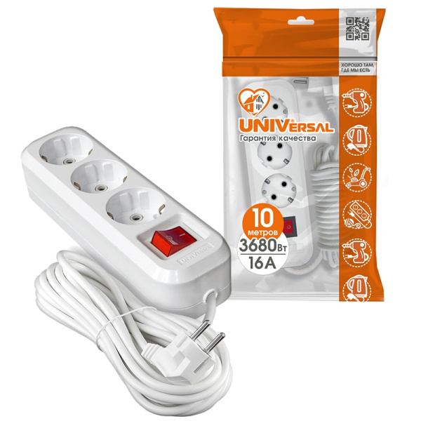 Удлинитель бытовой UNIVersal S-303А (1729) 3 места 10м З/К выкл. 3680Вт 16А белый ПВС 3*1,5мм